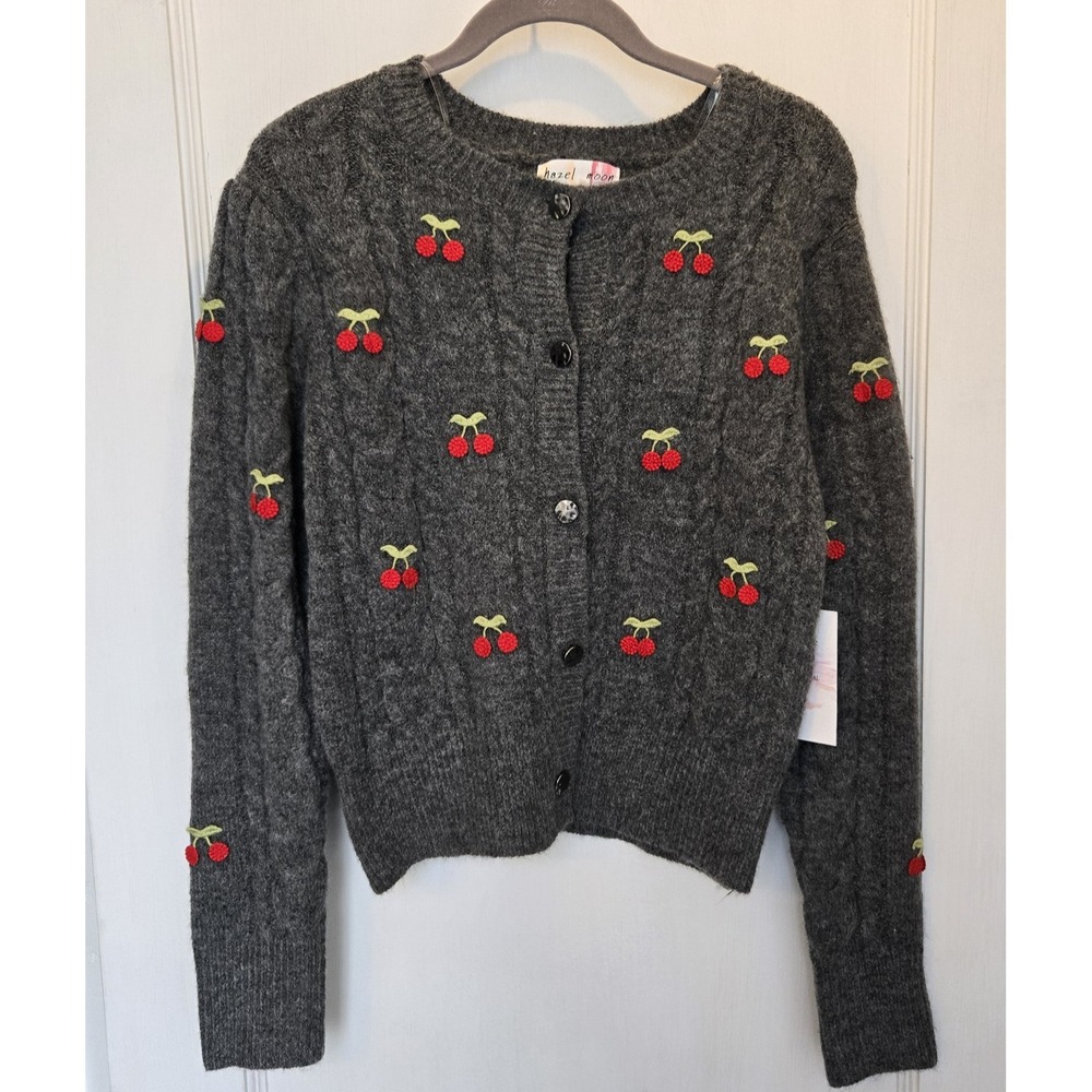 Hazel Moon‎ Women's Long Sleeve Cardigan Cable Knit  Gray w/ Cherries Size Small